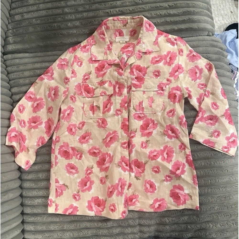 CHARTER CLUB Luxury Linen Top Blouse Pink Floral Button Up Roll Tab Sz Womens XS